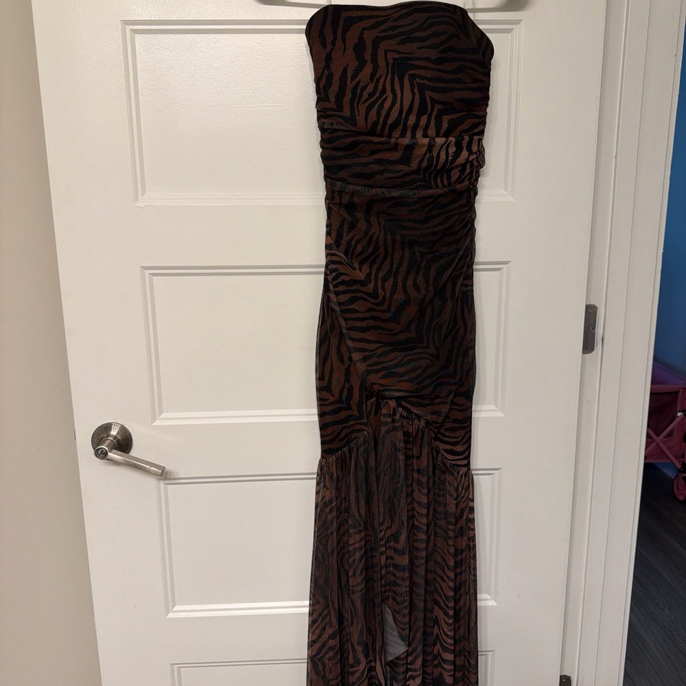 Brown Zebra Print Strapless Maxi Dress